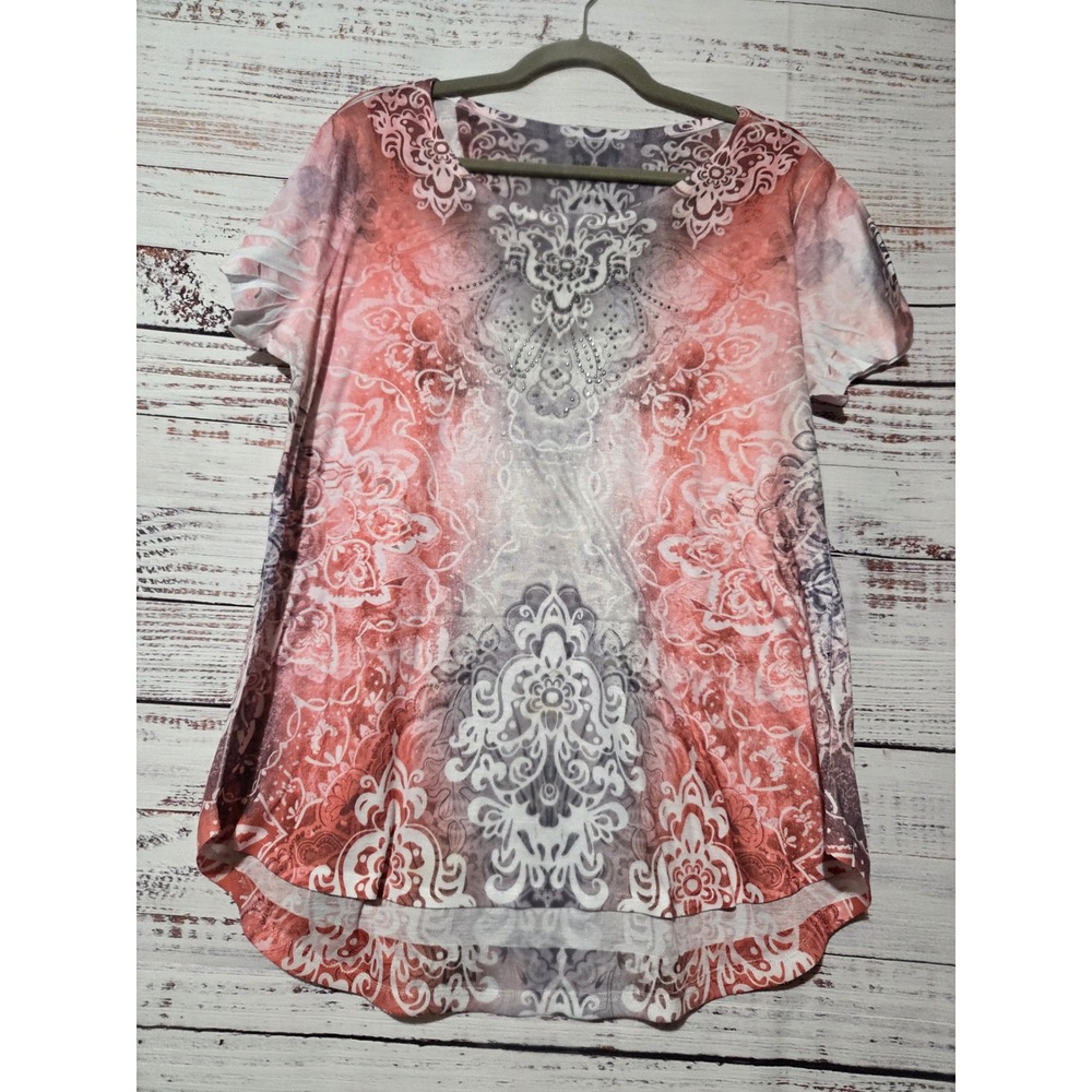 Style & Co Womens XL Coral Grey Paisley Rhinestone High Low Short Sleeve Top
